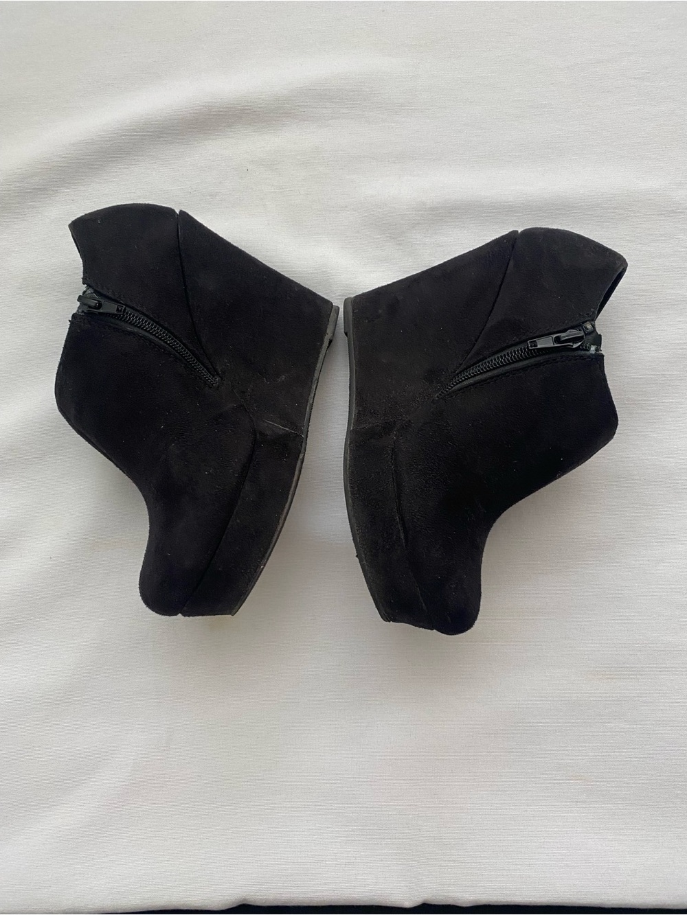 Black Suede Wedge Ankle Booties with Side Zip